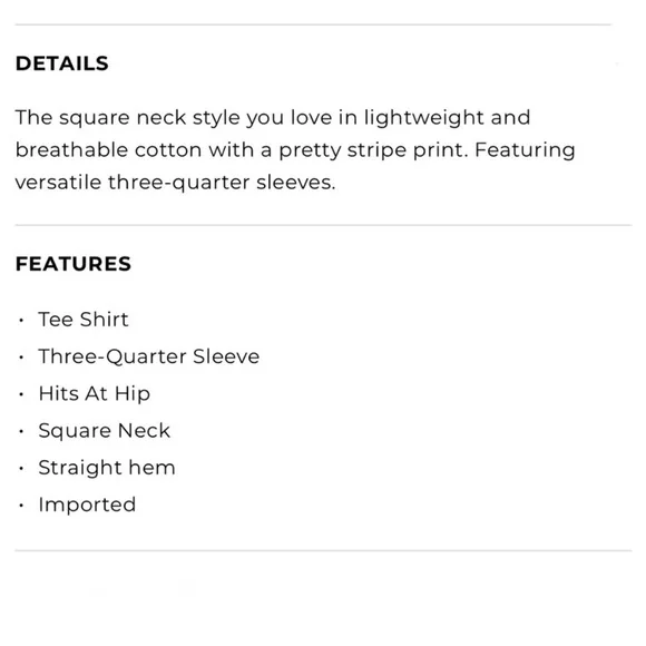 TALBOTS Square Neck 3/4 Length Sleeve Navy & White Striped Shirt size Small - Picture 6 of 6